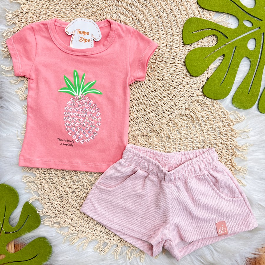 Conj. Blusa Abacaxi Floral e Short em Linho - Rosa